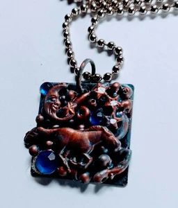  ALTERED ART Found Object Pendant  Moon and Horse Assemblage collage Jewelry  - Picture 1 of 4