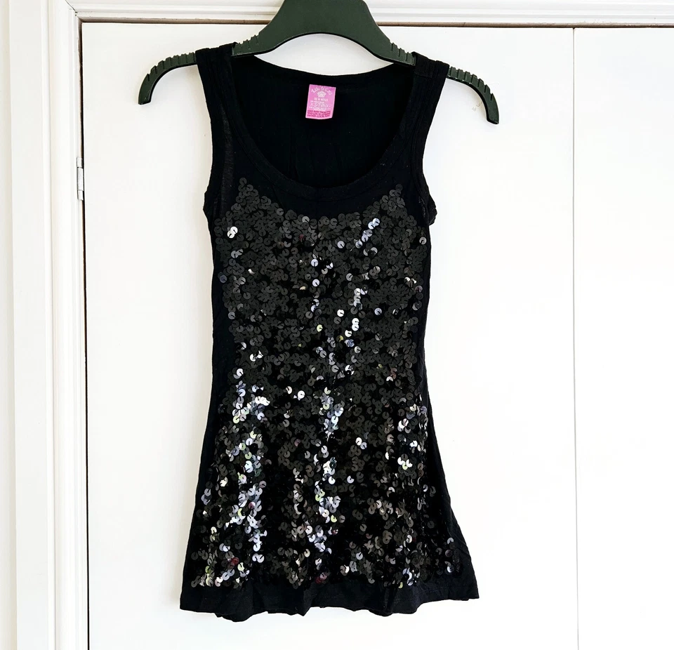 Размер Xs 6, 8, черный с блестками длинный топ без рукавов без рукавов вечеринка вечернее украшен - Изображение 1 из 4