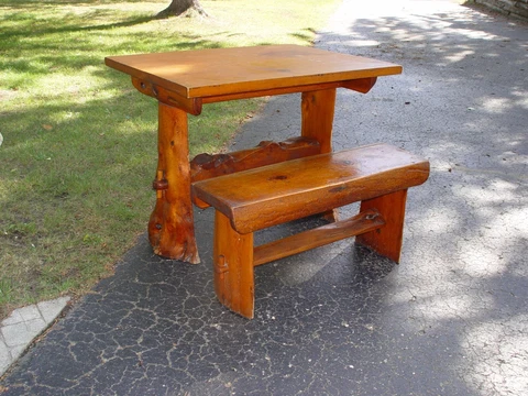 Adirondack styled mortised, pegged, breakfast nook table & bench, tree trunk leg Cover