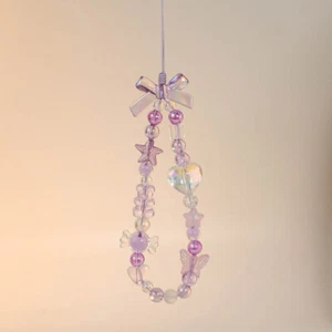 Sweet Purple Bowknot Mobile Phone Straps Y2K Heart Beaded Phone Lanyard Char  GF - Zdjęcie 1 z 5