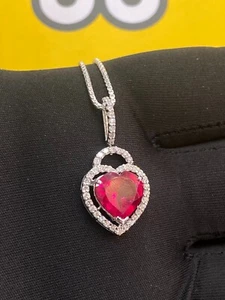 3.50 Cts Round Brilliant Natural Diamonds Heart Ruby Necklace In 14K White Gold - Picture 1 of 13