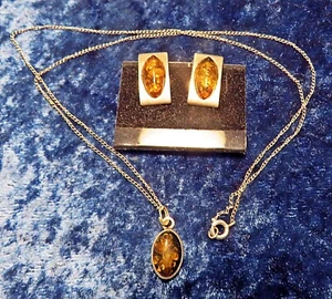 ¿Ámbar esterlina y craquelado artesanal de mediados de siglo? Pendientes y Colgante - Imagen 1 de 3