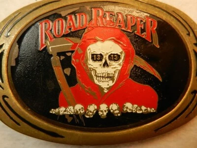 DE COLECCIÓN 1983 ROAD REAPER MOTOCICLETA ARTE HEBILLA DE CINTURÓN FIRMADO SIESTA INC LATÓN MACIZO Foto 1 de 4