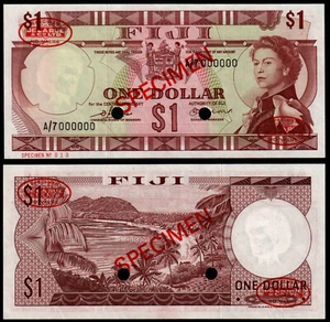 FIJI 1 DOLLAR (P71s1) N. D.(1974) QEII SPECIMEN UNC - Picture 1 of 1