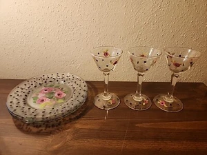3 hand painted wine glass And Plate Set  - Picture 1 of 5