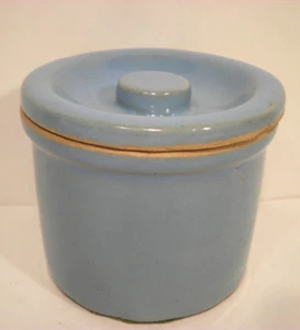 Blue Pottery Small Crock W/Lid 2 5/8" x 3 1/8" Jam Grease Cheese Butter Vintage - Picture 1 of 9