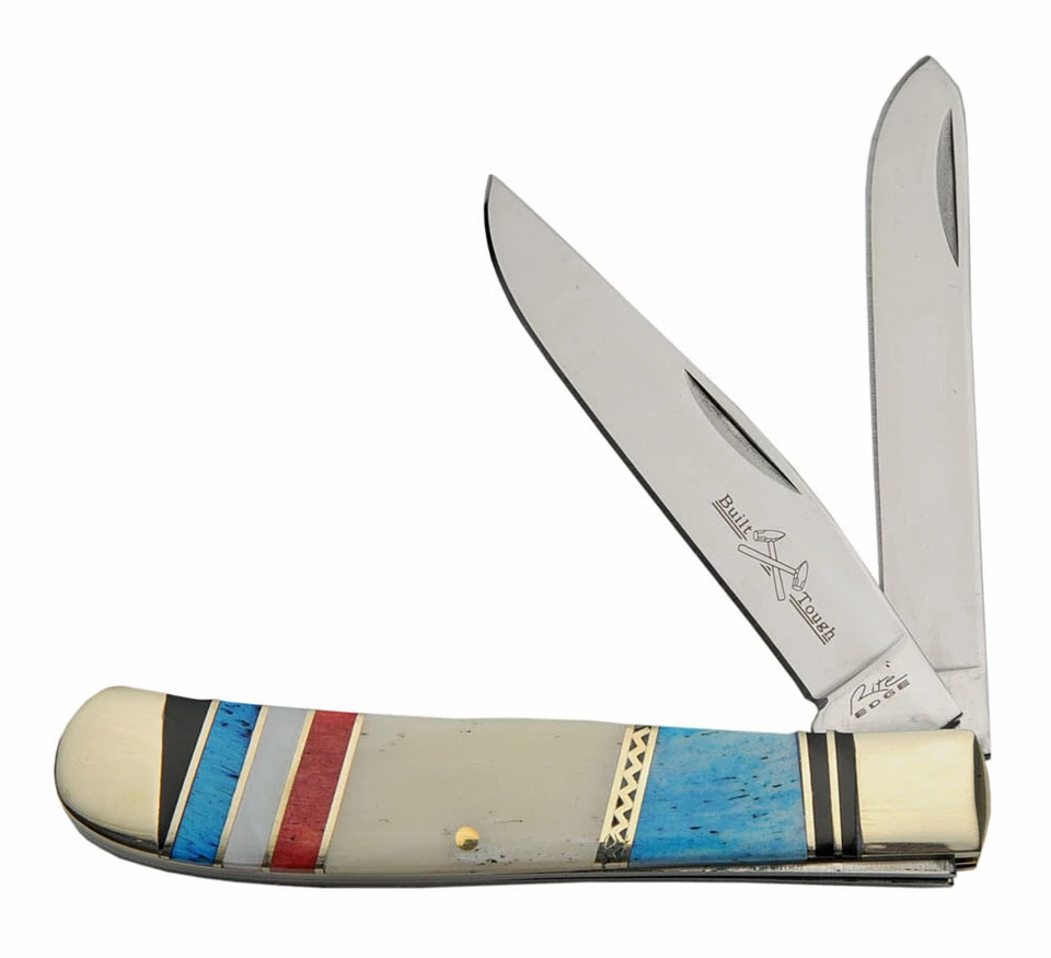 Beautiful Rite Edge Large Trapper Pocket Knife - Red White Blue Bone Handles