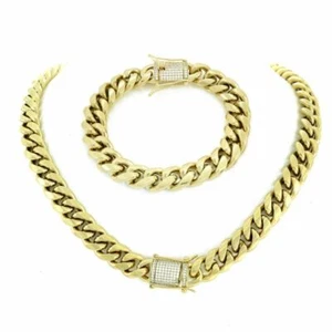 Mens Cuban Miami Link Bracelet & Chain Set 14k Gold Plated 12mm *CZ Clasp* - Picture 1 of 8