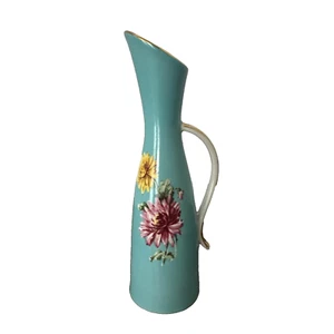 Bayreuth Unique Shape Creamer 6" Tall Slim Gold Gilt Rim Handle Aqua Floral Vtg - Picture 1 of 17