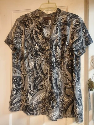 Blusa Dana Buchman blanca gris negra cachemira manga corta abotonada talla XL para mujer Foto 1 de 4