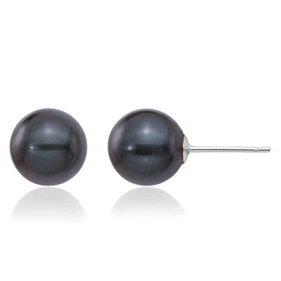 14K Solid White Gold 8mm Black Round Akoya Saltwater Cultured Pearl Stud ... - Image 1 of 4