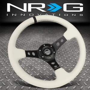 NRG REINFORCED 350MM 3" DEEP DISH STEERING WHEEL WHITE LEATHER W/ BLACK STRIPE - Picture 1 of 5