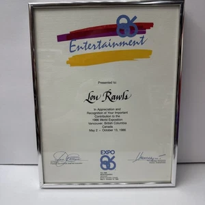 Rare Vintage Lou Rawls Estate 1986 WORLD EXPOSITION EXPO 86 Framed Certificate - Picture 1 of 1