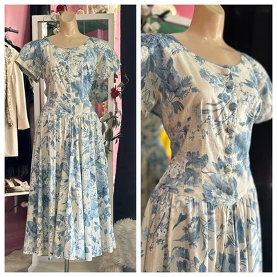 Vestido midi vintage años 80 estampado floral azul blanco corsé pradera algodón victoriano M Foto 1 de 4