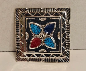 Vintage Southwest Bolokrawatte Slide Türkis Koralle Mosaik Silberfarben Quadrat - Bild 1 von 6