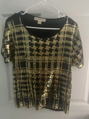 Blusa Top Michael Kors Mujer Dorada Negra Lentejuelas Manga Corta Talla Pequeña Foto 1 de 4