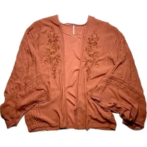 Free People Kimono Embroidered Beaded Crochet Lace Open Front Cardigan Rust - Picture 1 of 9