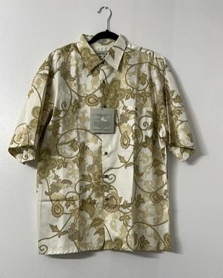 Bamboo Cay 夏威夷纽扣衬衫男式米色花卉缎子度假村装 — 第 1/2 张图片