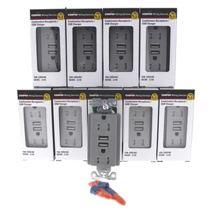 Cooper TR7745GY Gray 15A Tamper Resistant Duplex Receptacles USB Charger 10pcs - Picture 1 of 4