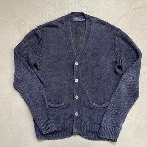 Polo Ralph Lauren 100% Linen Knit Cardigan Fisherman Sweater Heavy Indigo L - Picture 1 of 9