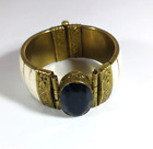 Chunky Camel Bone Panel Brass Hinged Wide Cuff Bracelet Faceted Brown Spinel
