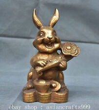 7.2" Chinese Copper Gold Plated Fengshui 12 Zodiac Year Rabbit Wealth Statue