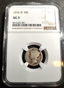 SCARCE: 1916 D Mercury Dime AG 3 NGC 90% Silver 10c Coin - Picture 1 of 2