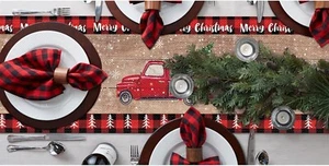 Cotton Linen Table Runner, Merry Christmas Red Truck, 13 x 108 inch - Picture 1 of 2