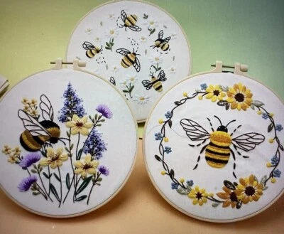 Embroidery Kit -Set Of 3 Bumble Bee Embroidery Kits 20cm Diameter with hoops - Image 1 of 4