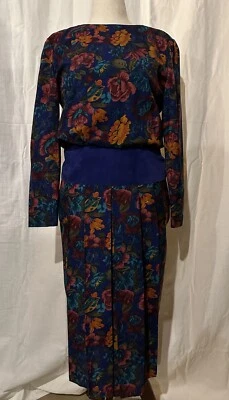  Vestido Plisado Floral Vintage St Gillian Neiman Marcus Mezcla Seda Acento Gamuza 8 Foto 1 de 4