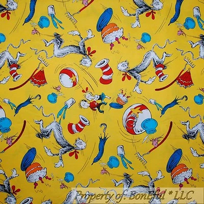 BonEful Fabric FQ Cotton Quilt Yellow Birthday Cake Dr Seuss Baby Cat in the Hat - Image 1 of 4