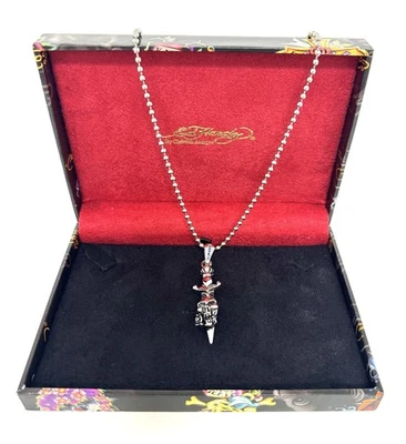 Ed Hardy Skull & Dagger Cross Necklace Stainless Steel 24” Chain NEW w/ Box - Image 1 of 4