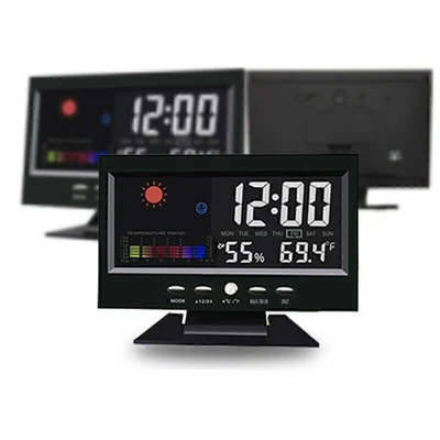 Indoor Outdoor Temperature Humidity Meter Sound Control Clock Weather Station - Image 1 of 4