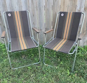 2 Zip Dee Vintage Retro Brown Striped Airstream RV Folding Lawn Chairs 70s MCM - Picture 1 of 22