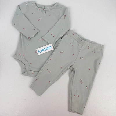 Carter's Baby Girl 2Piece Ribbed Bodysuit & Pants Set Floral Print Sage Green 6M - Image 1 of 4