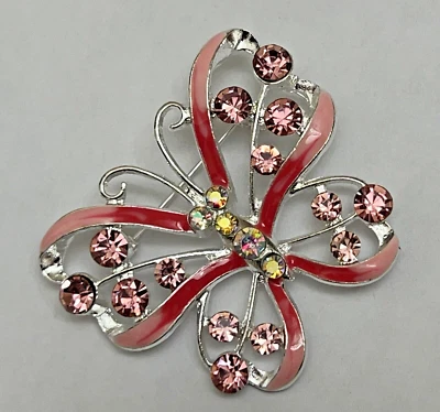 Butterfly Crystal Rhinestone Brooch Pin Glass Pink Enamel Insect Bug AB Vintage - Image 1 of 4