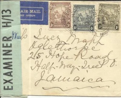 Barbados SG#252,#253,#255-G.P.O. 16/MR/43-WWII CENSOR TAPE H/13(Green - Image 1 of 2