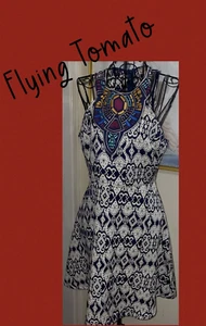 FLYING TOMATO Fit & Flare Dress-Black/White Jacquard-Embroidered Bodice-Boho-S - Picture 1 of 6