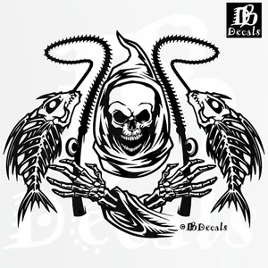 Fishing Fish Grim Reaper Skeleton Skull Car Truck Window Vinyl Decal Sticker - Picture 1 of 2