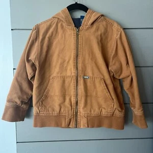 OshKosh B’gosh boys chore barn tan canvas jacket hood navy cotton lining size 7 - Picture 1 of 6
