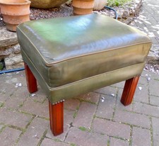 LARGE VINTAGE GREEN LEATHER FOOT STOOL~SEAT~REEDED WOODEN SUPPORTS