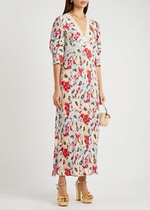 RIXO Gemma Red Pansy Floral Midi Dress Size Large UK 14 - Picture 1 of 6