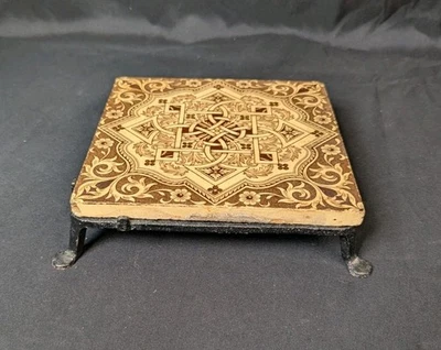 Antique Minton China Works Stoke On Trent Transferware 6” Tile Cast Iron Base - Image 1 of 4