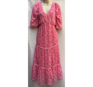 Neu Next Größe 12 rosa Blumendruck Stufen Midikleid V-Ausschnitt Kurzarm - Bild 1 von 19