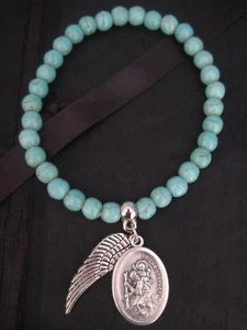 Turquoise Beaded Bracelet with St Saint Christopher & Angel Wing Charms AGTU - Picture 1 of 4