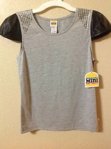 Harajuku Mini Camiseta Elegante Piel Sintética Manga Corta Niña Gris y Negro New - Picture 1 of 2