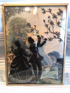 Glass Convex Silhouette Pulling the branch for the lady Framed Picture as is Vtg - Picture 1 of 10