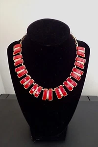 Vintage Coro Red Thermoset Statement Necklace Gold Tone Choker Bib - Picture 1 of 8