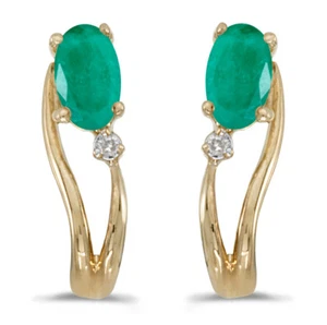14k Yellow Gold Oval Emerald And Diamond Wave Earrings - Picture 1 of 2