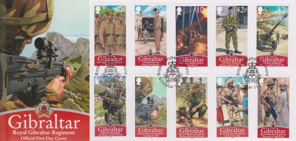 GB - GIBRALTAR 2008 Royal Gibraltar Regiment SG 1292-1301 FDC MILITARY UNIFORMS - Image 1 of 1
